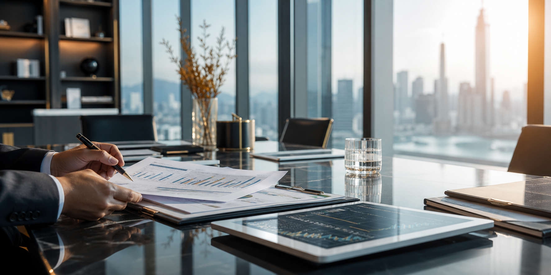 Modern boardroom with financial documents and capital markets materials
