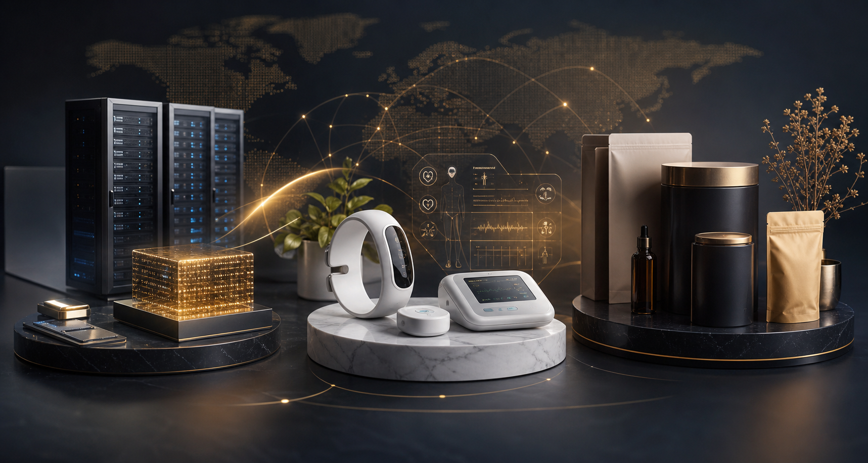 AI infrastructure, health technology and consumer brand ecosystem visual
