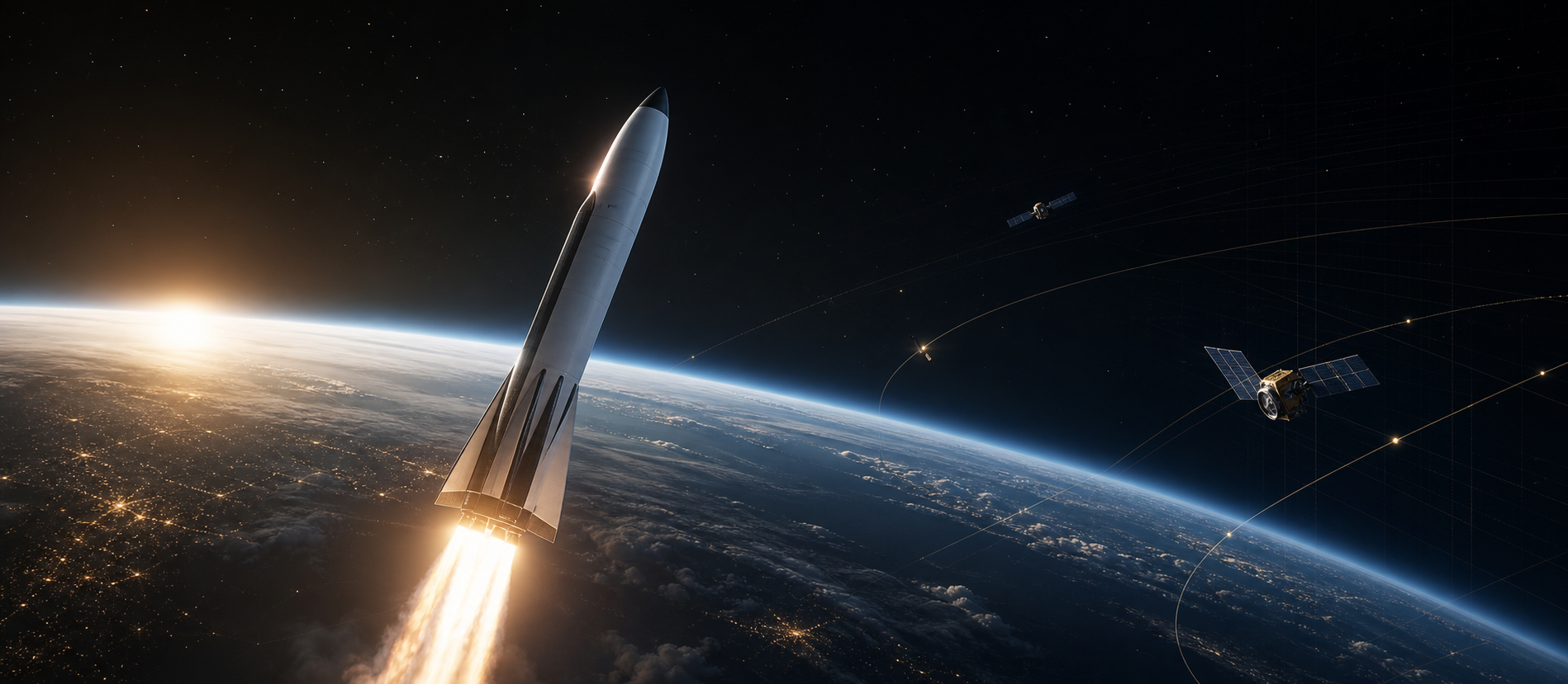 Reusable rocket launch above Earth with satellites and orbital paths