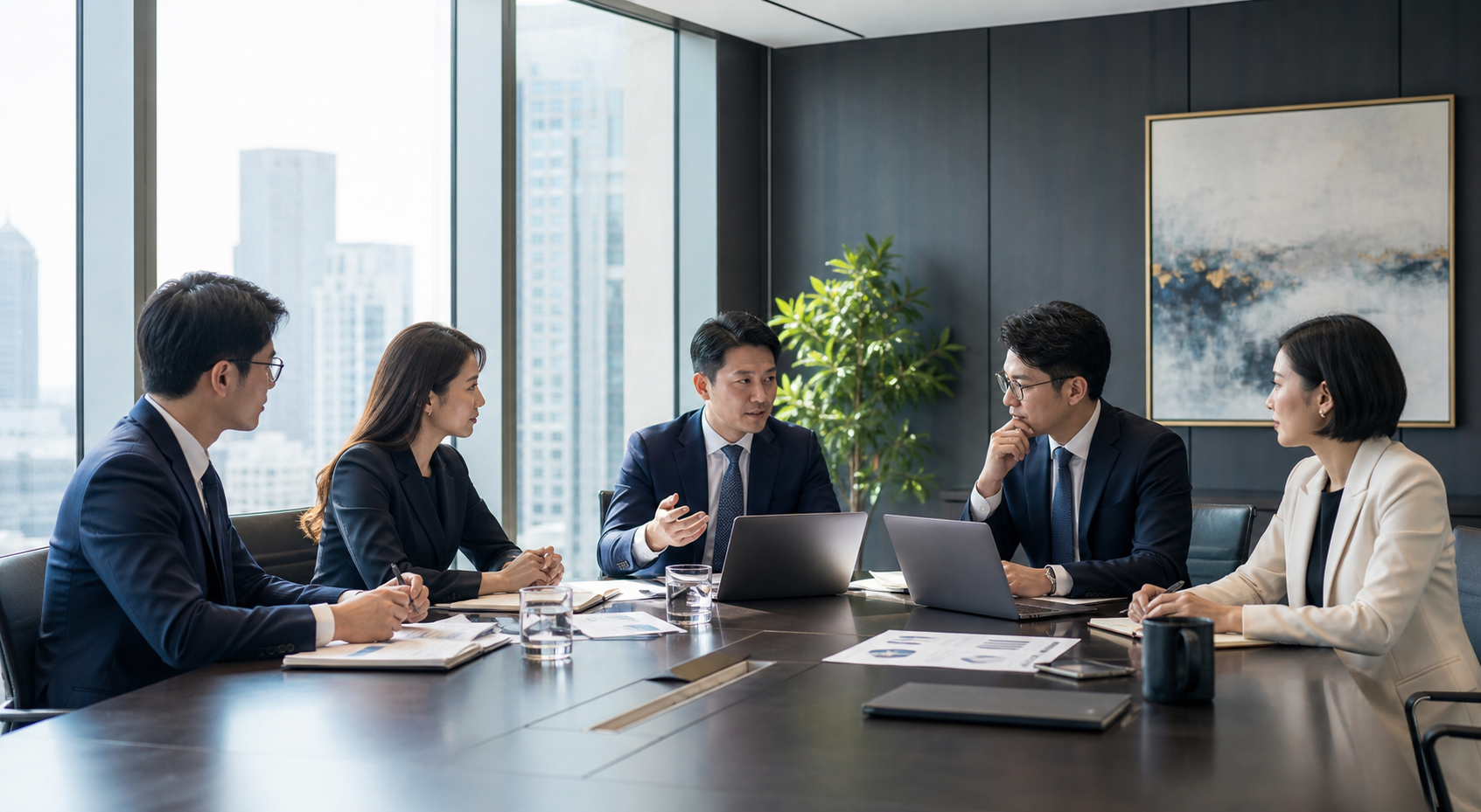 Professional investment team meeting in a bright conference room